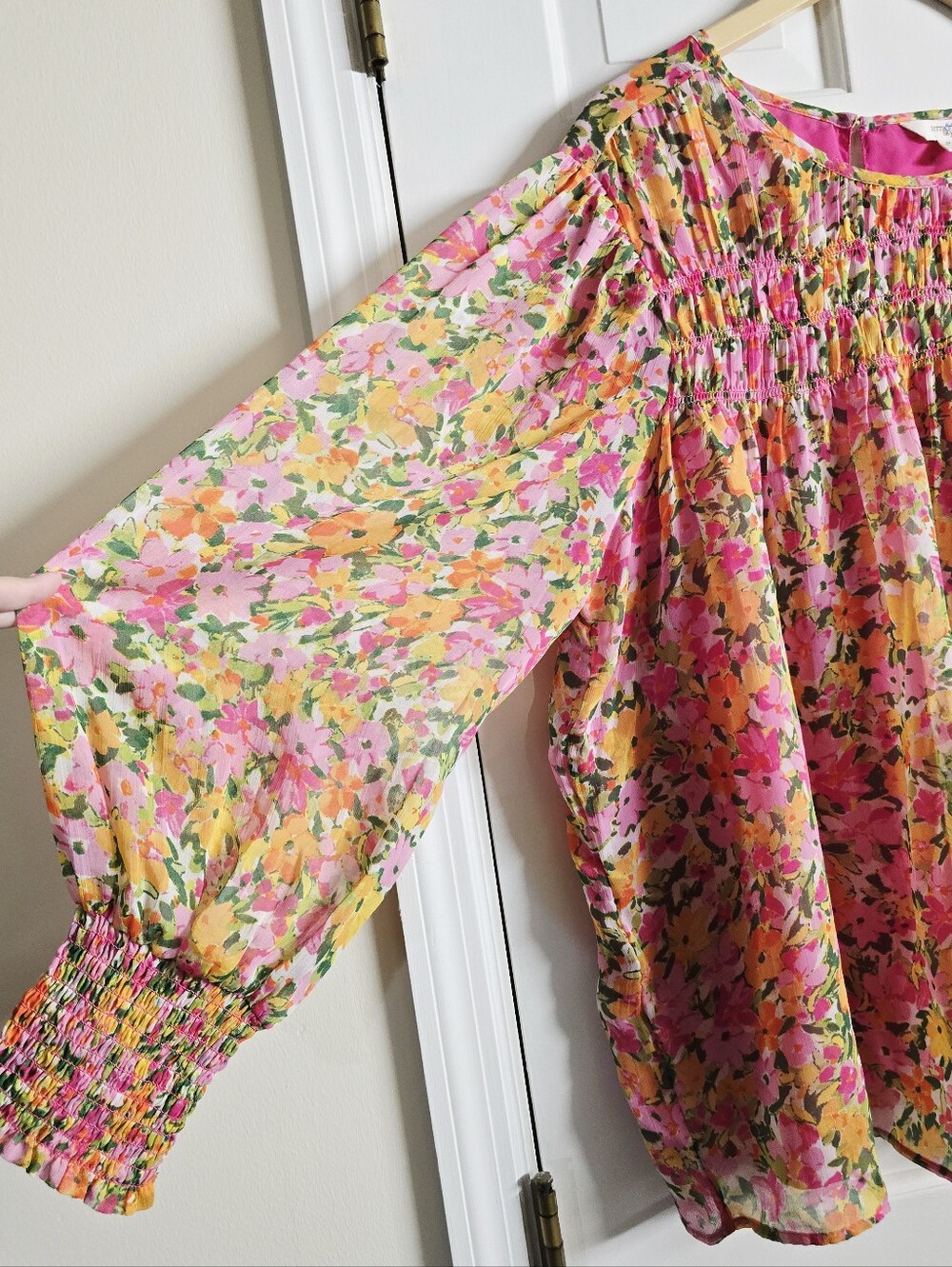 TERRA & SKY Floral Smocked Top Women Size 2X Semi Sheer Lined Pink Orange Tunic